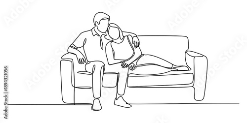 A continuous line drawing captures a loving couple relaxing together on a cozy couch