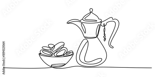 Continuous line art depicting a traditional coffee pot and a bowl filled with dates