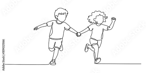 A boy and girl running hand in hand, continuous line art drawing of children playing