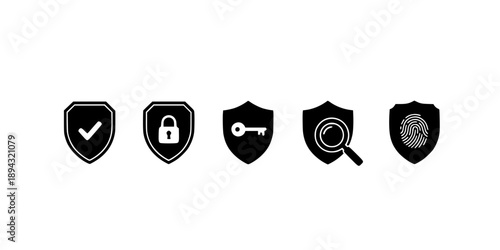 Shield security icon set, protection symbols, security icon with check mark and lock sign
