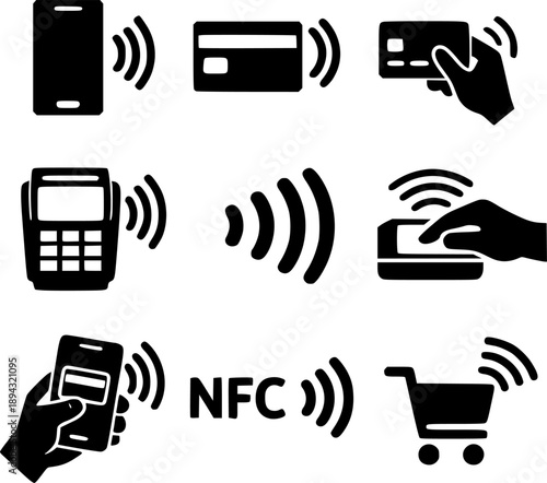 NFC wireless payment icon, contactless cashless payment, near field communication sign

