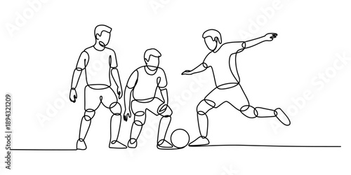 Continuous one line drawing of three football players in action during a match