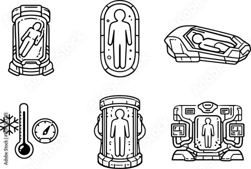 Line style vector icons of suspended animation for astronauts: cryo-chamber outline, human-figure motif,