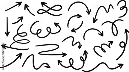 Sketchy Directional Arrows Set in Chalk and Pencil Style
Doodle Arrow Shapes with Curves, Spirals and Scribble Lines