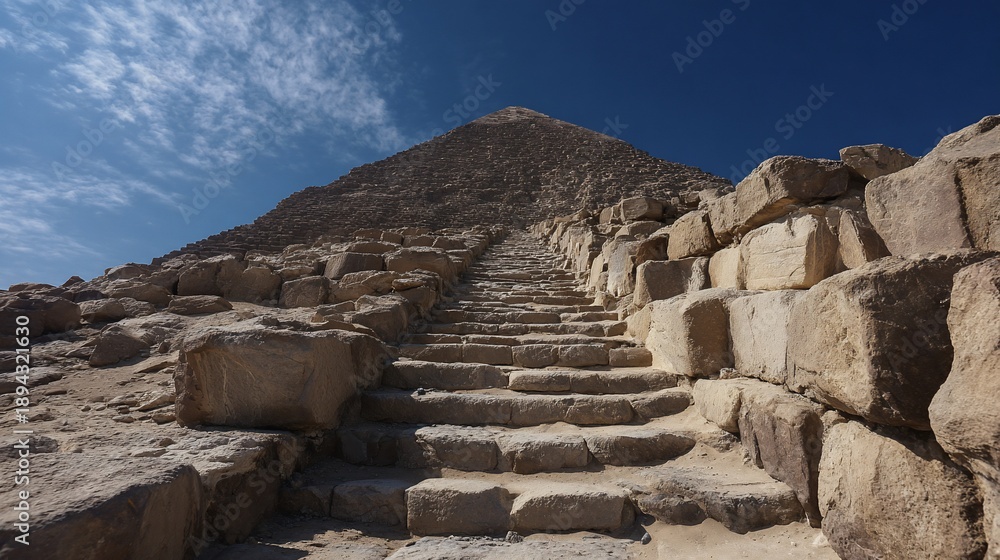 Fototapeta premium Ancient stone pyramid steps rise into clear blue sky, leading to apex