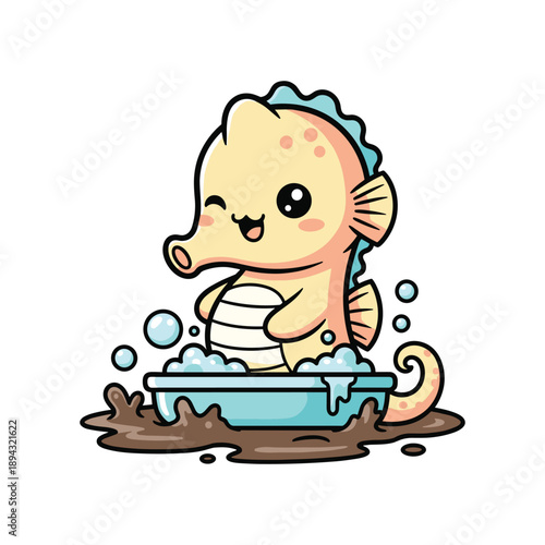 Cute cartoon baby duck taking bubble bath in blue tub with splashing water and soap