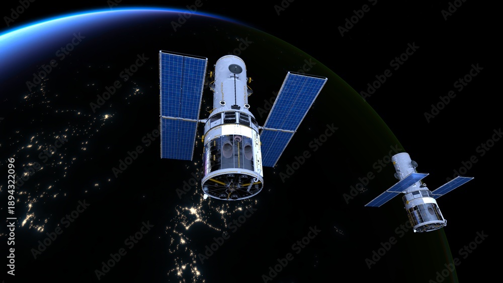 Fototapeta premium 人工衛星と地球 3DCGレンダリング