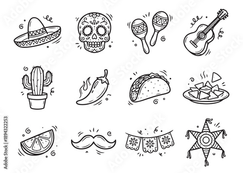 Mexican fiesta doodle icons, hand drawn traditional mexican party symbols and objects