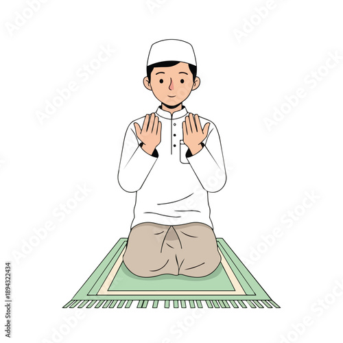 Man kneeling in prayer on a green prayer mat.