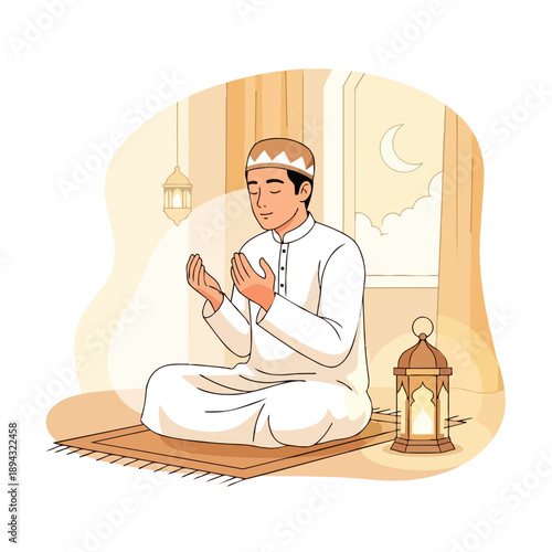 Man praying in a serene Islamic setting with traditional attire and decor.