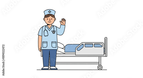 Nurse waving hello next to a hospital bed and patient illustration