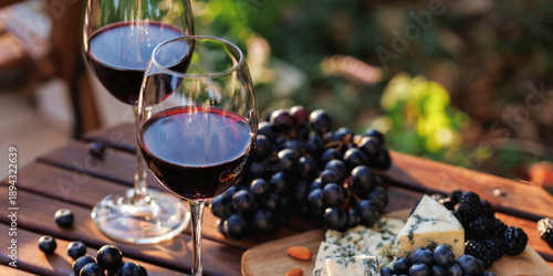 Fotografie Glasses of red wine with cheese and fruit on wooden terrace table
