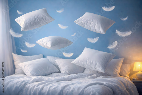 White Pillows and Feathers Floating Weightlessly in Blue Room