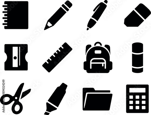Solid vector icons of school supplies: notebook, pencil, pen, eraser, sharpener, ruler, backpack, glue stick, scissors, marker,