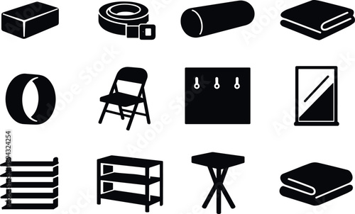 Solid vector icons of yoga studio equipment: block, strap, bolster, blanket, wheel, chair, wall, mirror, rack, shelf, stand,