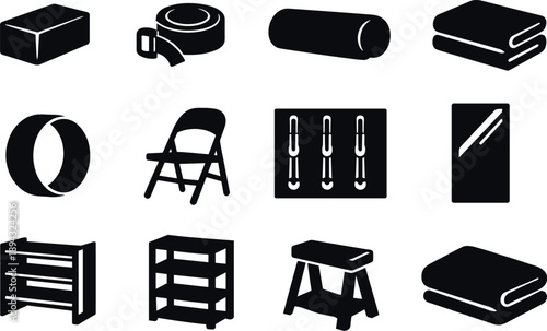 Solid vector icons of yoga studio equipment: block, strap, bolster, blanket, wheel, chair, wall, mirror, rack, shelf, stand,