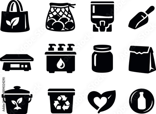 Solid vector icons of sustainable grocery shopping: reusable bag, produce net, bulk bin, scoop, tare scale, refill station, glass