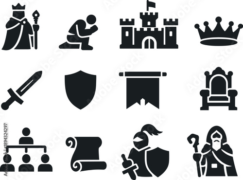 Feudalism Icons. Solid vector icons of team feudalism: feudal lord, vassal, castle, crown, sword, shield, banner, throne, chain of
