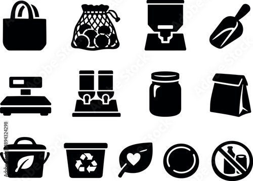 Solid vector icons of sustainable grocery shopping: reusable bag, produce net, bulk bin, scoop, tare scale, refill station, glass