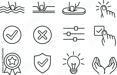 Line style vector icons of physical digital interaction: surface texture, raised edge, soft press, click feel; confirm action,