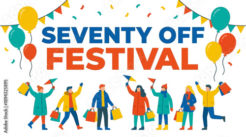 Celebration Event, Shoppers Enjoying Discounts, Festival Atmosphere, Colorful Graphics