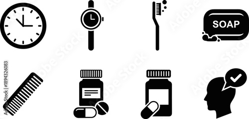 Collection of black icons representing daily routine and health items on a white background