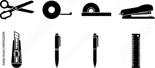 Collection of essential office and school supplies in a clean, modern icon set