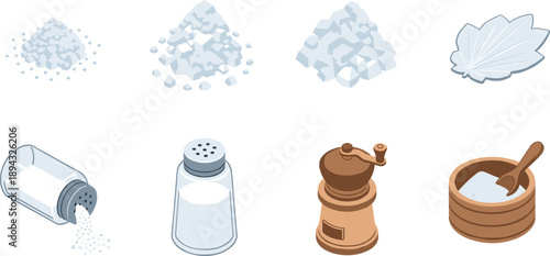 Collection of salt and pepper shakers, grinders, and piles of salt