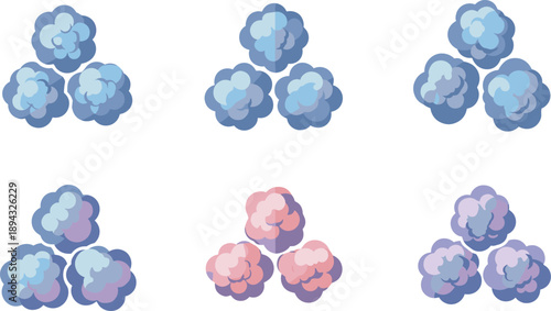 Collection of stylized cartoon clouds in various color palettes on a white background