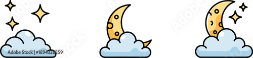 Cute cartoon clouds with crescent moon and stars, representing nighttime sky elements