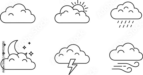 Set of simple cloud icons representing different weather conditions and times of day