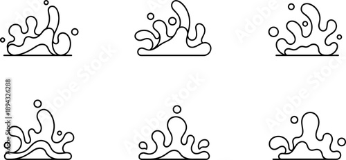 Collection of simple line art water splash icons with droplets and waves
