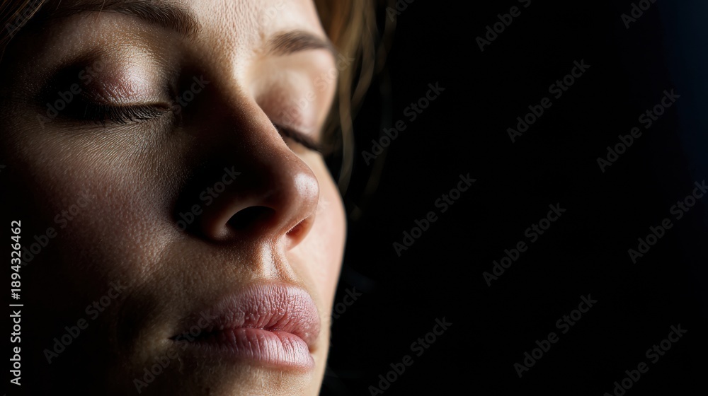 Obraz premium Eyes Closed Before Making a Choice, Close-Up of a Face With a Dark Background, Capturing a Moment of Reflection