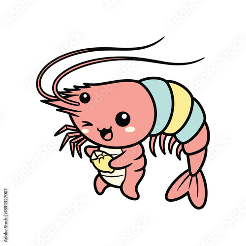 Cute cartoon shrimp baby crawling with diaper and pacifier in playful pose isolated on white