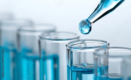 Close-up of a laboratory pipette releasing a blue liquid drop into a glass test tube. Clean and minimal scientific composition with transparent lab glassware and soft light background.