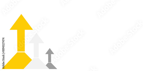 A yellow arrow leads in front of two gray arrows, all pointing upward from the bottom left on a white background. Competition and leadership concept.