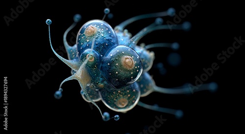 Abstract 3D illustration of microscopic life form with translucent organic structures and glowing cellular details on black background.