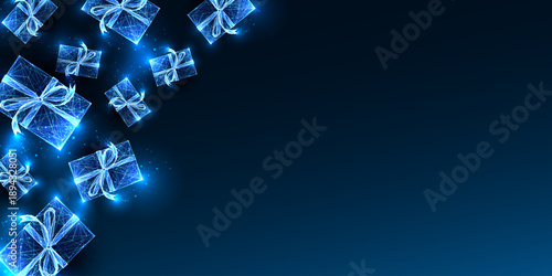 Digital Gift Boxes banner with space for text. Holiday Tech, Futuristic Present, vector Illustration