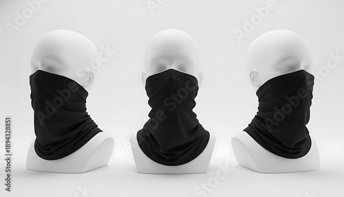 Black fabric neck gaiter mockup on mannequin heads, multiple views