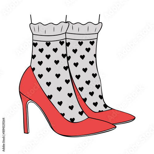 Elegant Red Shoes Paired with Vintage Lace Fishnet Socks in Refined Retro Style