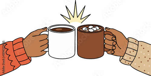 Couple Toasting Coffee Mugs with Marshmallows Vector, Hands Clinking Hot Drinks Flat Cartoon