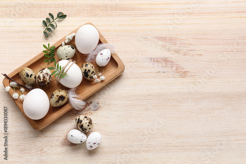 Tray with Easter eggs, leav...