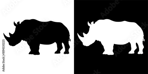 Silhouette of a Rhinoceros on White and Black Backgrounds.