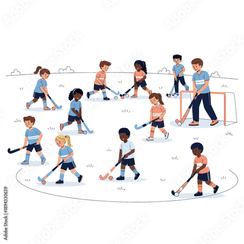 Children playing field hockey on a grass field, active kids team sport illustration