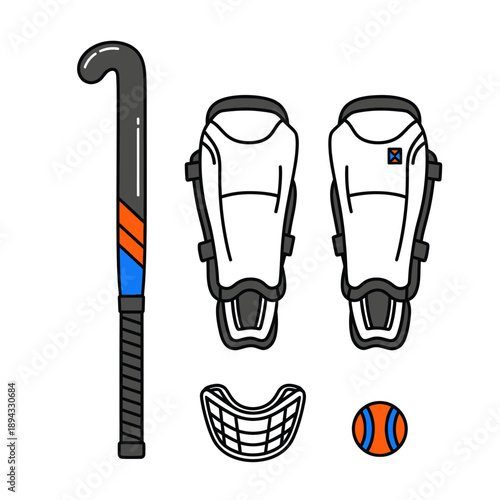 Field Hockey Equipment - Stick, Shin Guards, Mouthguard, Ball - Isolated