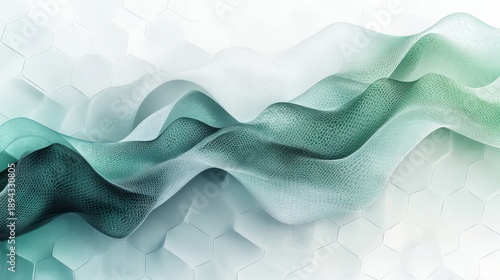 Abstract geometric design shows a river flowing through a grid of hexagons with aqua tones among muted greys and greens on a white background