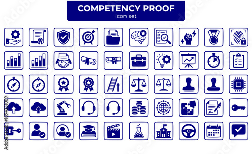 Competency Proof Skill Demonstration Evidence Proficiency Validation Documentation Mastery Assessment Competence Verified Ability Vector Icon Set - Competency Validation