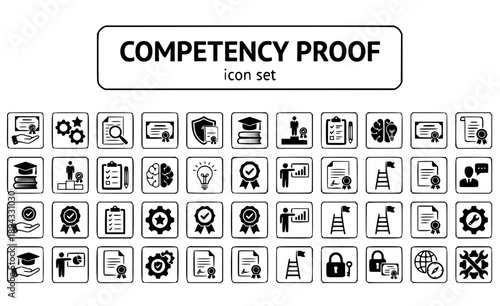Competency Proof Skill Demonstration Evidence Proficiency Validation Documentation Mastery Assessment Competence Verified Ability Vector Icon Set - Competency Validation