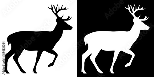 Silhouette of a majestic stag with large antlers walking on a white background.