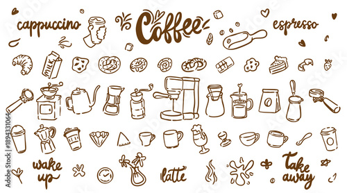 Set of cute cafe menu doodle elements. Hand drawn coffee, cake, matcha, croissant and latte art. Vector illustration for restaurant menu, stickers and cafe decor. Isolated cartoon food sketches.